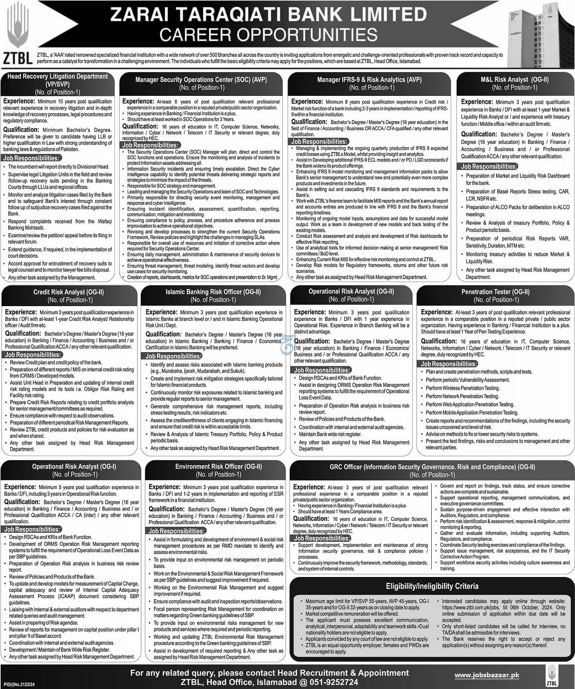 ZARAI TARAQIATI BANK LIMITED | ZTBL, LITIGATION, RISK & INFORMATION SECURITY POSITIONS VACANT 09-2024