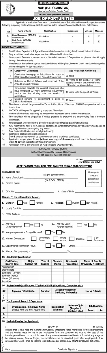 NATIONAL ACCOUNTABILITY BUREAU | NAB BALOCHISTAN, STAFF REQUIRED 09-2024