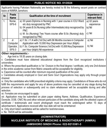 NUCLEAR INSTITUTE OF MEDICINE & RADIOTHERAPY | NIMRA JAMSHORO, JOB ADVERTISEMENT PUBLIC NOTICE NO 01/2024