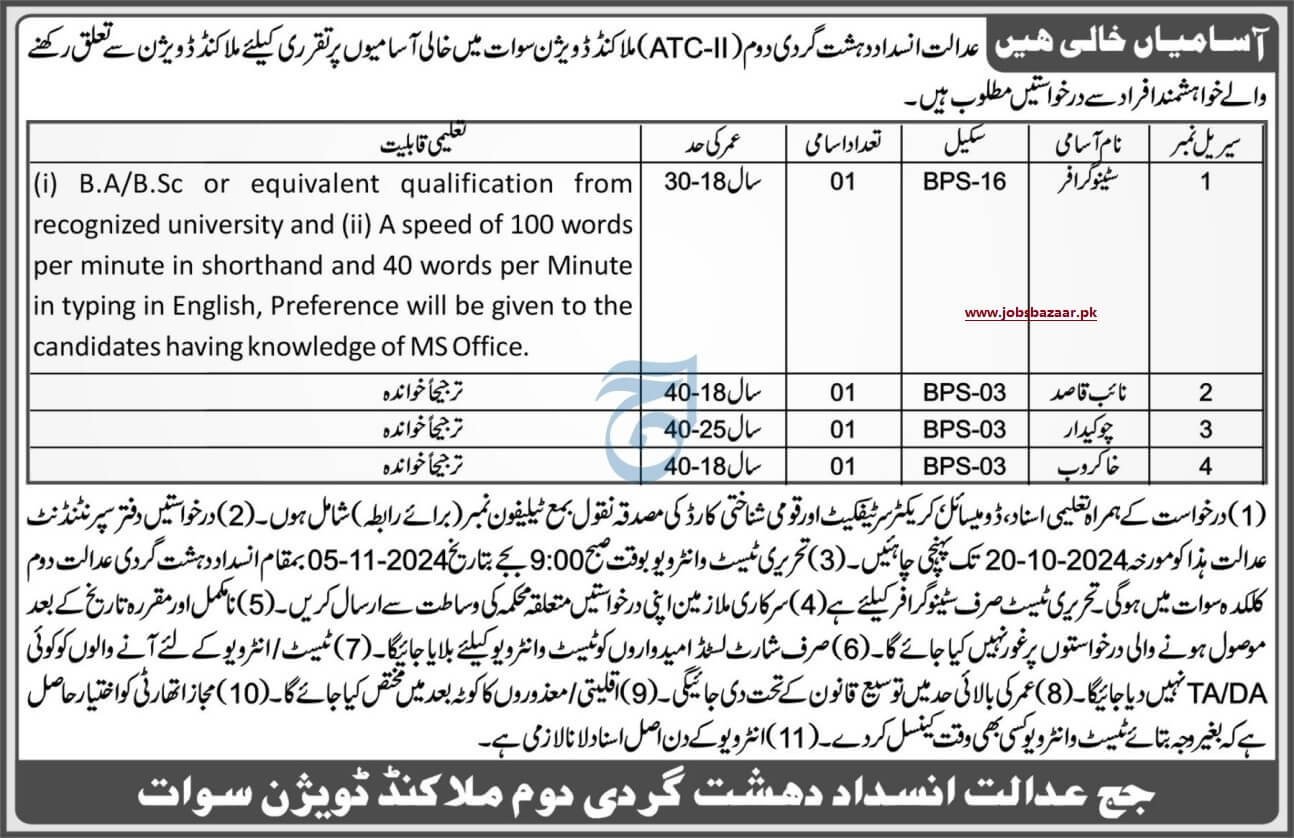 ANTI-TERRORISM COURT (ATC-II) MALAKAND DIVISION AT SWAT | ATC COURT STAFF VACANCIES 09-2024