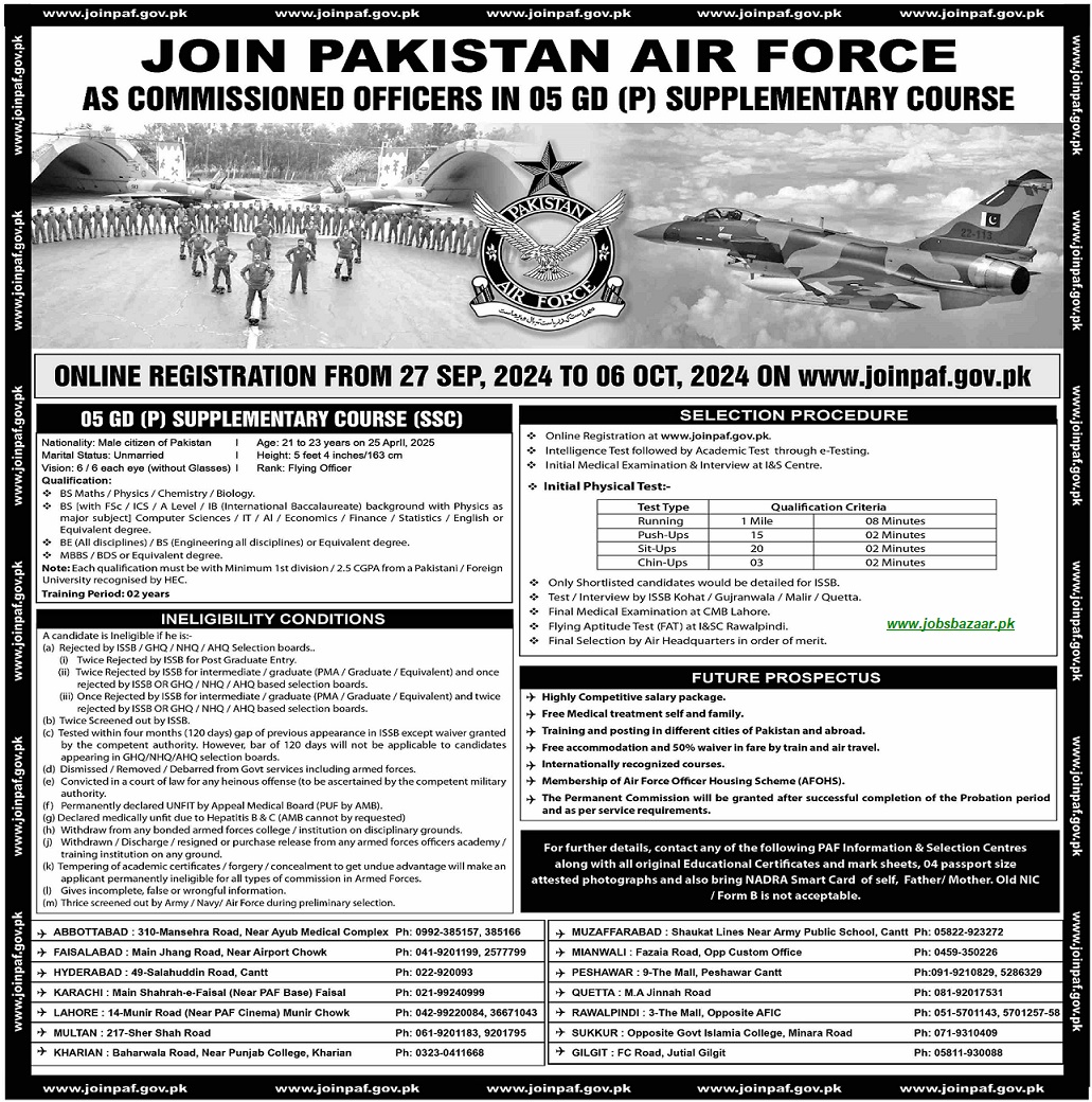 JOIN PAF (PAKISTAN AIR FORCE) AS COMMISSIONED OFFICER IN 05 GD (P) SUPPLEMENTARY COURSE (SSC)