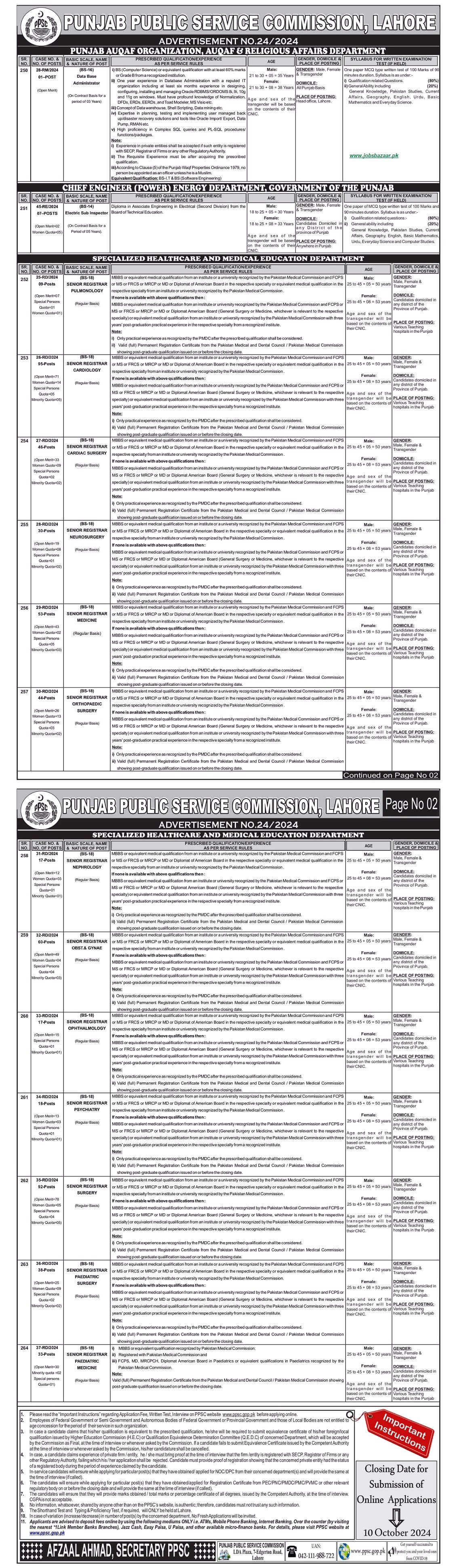 PUNJAB PUBLIC SERVICE COMMISSION LAHORE | PPSC ADVERTISEMENT NO. 24/2024