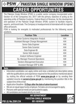 PAKISTAN CUSTOMS, FEDERAL BOARD OF REVENUE | PAKISTAN SINGLE WINDOW (PSW), VACANT POSITIONS 10-2024
