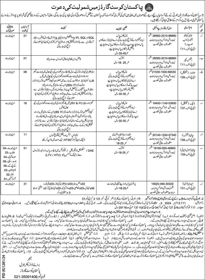 INVITATION TO JOIN PAKISTAN COAST GAURDS 11-2024