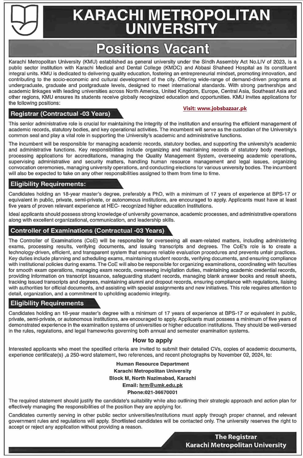 METROPOLITAN UNIVERSITY KARACHI | ACADEMIC ADMINISTRATION TENURED POSITIONS VACANT 10-2024