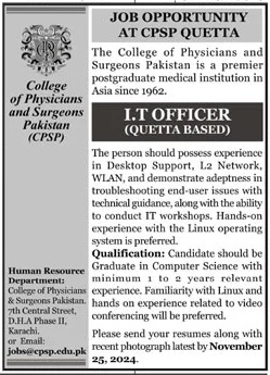 COLLEGE OF PHYSICIANS & SURGEONS PAKISTAN | IT OFFICER POSITION AT CPSP QUETTA 11-2024