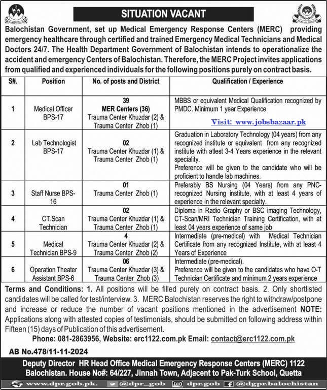 MEDICAL EMERGENCY RESPONSE CENTERS | HEALTH DEPARTMENT BALOCHISTAN, MERC PROJECT VACANCIES 11-2024