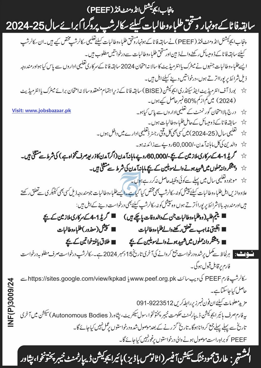 PUNJAB EDUCATION ENDOWMENT FUND | PEEF SCHOLARSHIP PROGRAM FOR EX-FATA/NMDS STUDENTS 2024-25