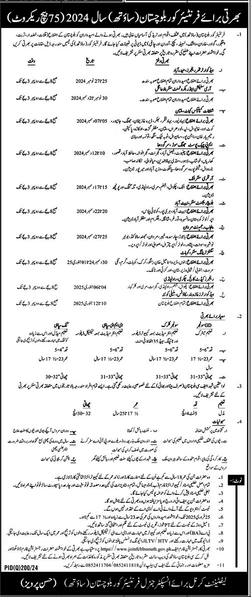 FRONTIER CORPS BALOCHISTAN SOUTH | MULTIPLE TRIBES & TRADES RECRUITMENT FOR FC BALUCHISTAN SOUTH, 75 BATCH RECRUIT YEAR 2024