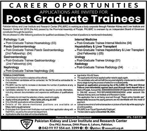 PAKISTAN KIDNEY & LIVER INSTITUTE & RESEARCH CENTER | PKLI&RC LAHORE APPLICATIONS INVITED FOR POST-GRADUATE TRAINEES 11-2024