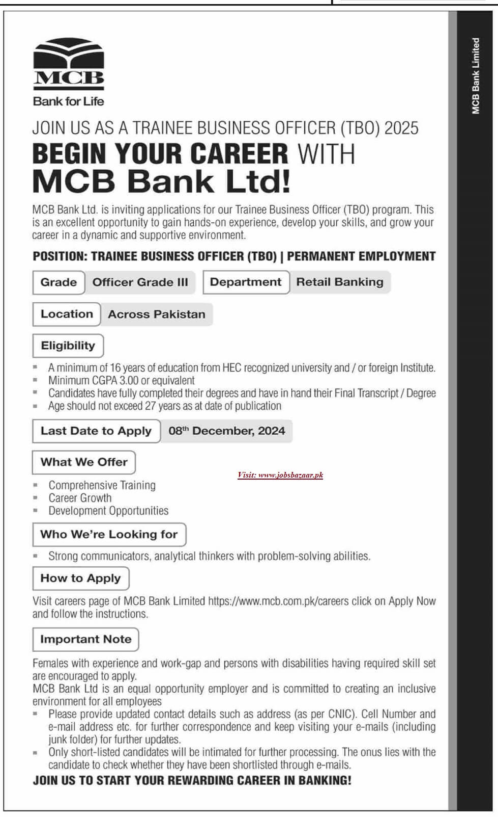 JOIN MCB BANK AS TRAINEE BUSINESS OFFICER (TBO) 2025