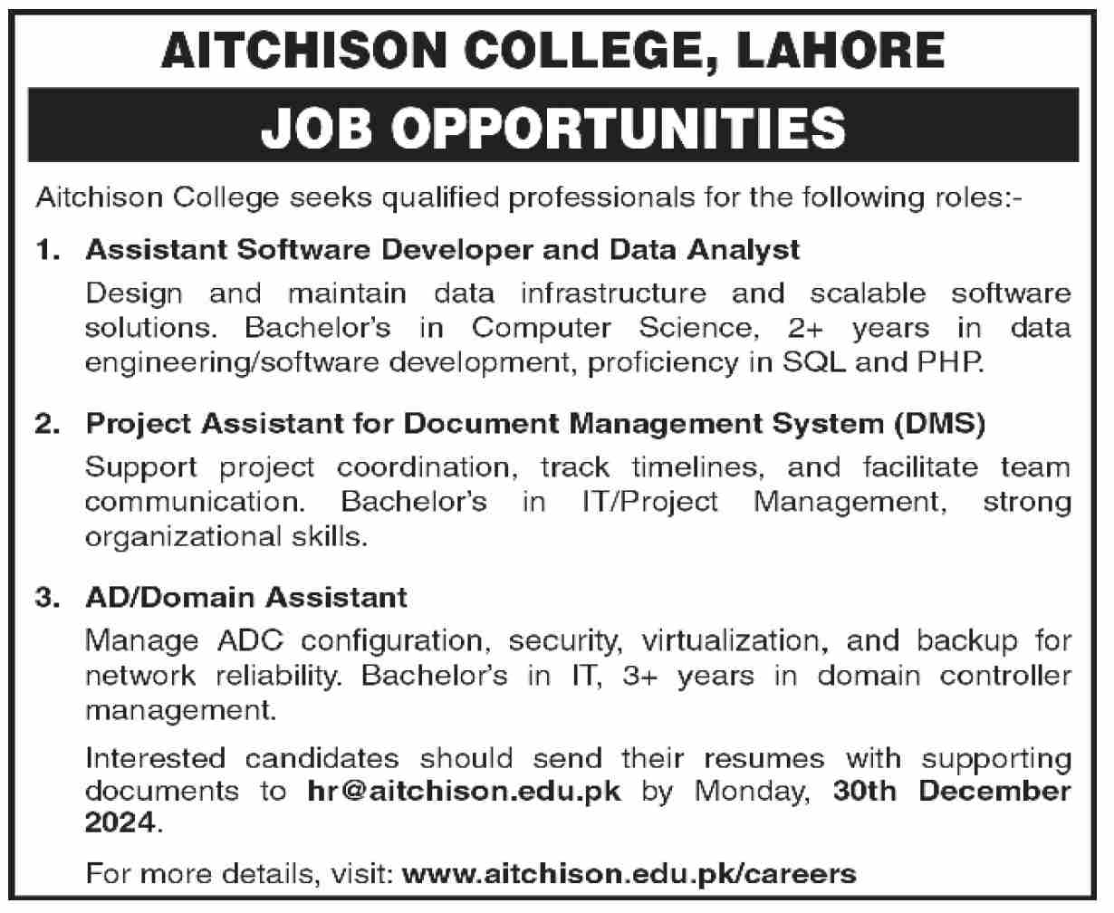 AITCHISON COLLEGE, LAHORE | IT PROFESSIONALS VACANCIES 12-2024