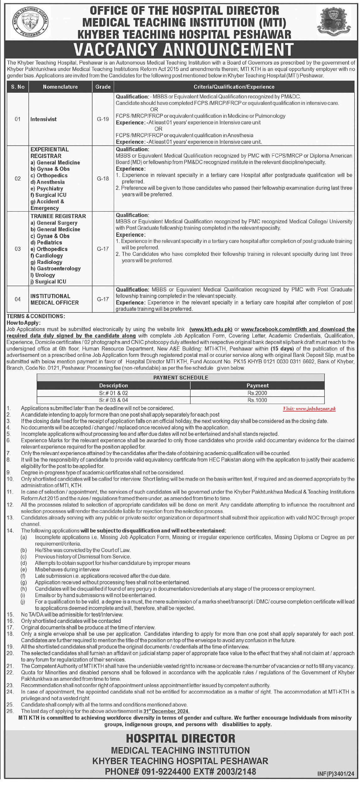 KHYBER TEACHING HOSPITAL, PESHAWAR | INTENSIVIST, REGISTRARS & MEDICAL OFFICERS MTI KTH-PESHAWAR VACANCIES 12-2024