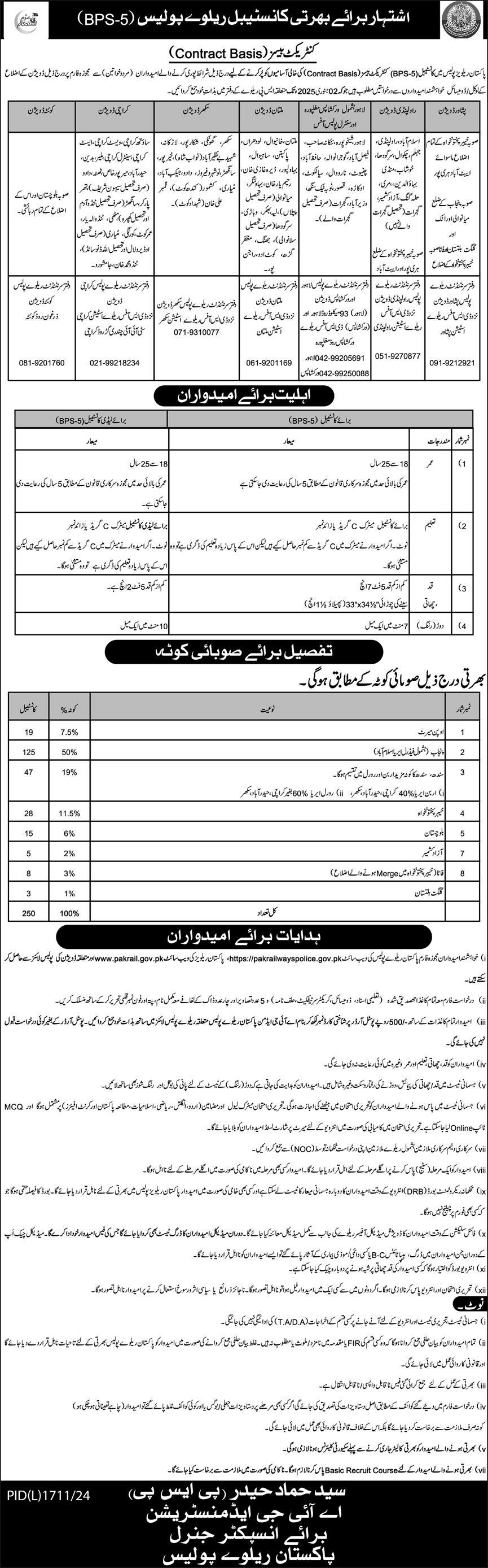 PAKISTAN RAILWAYS POLICE | RECRUITMENT OF CONSTABLES RAILWAY POLICE 12-2024