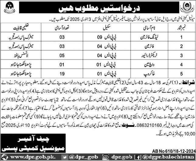 MUNICIPAL COMMITTEE PASNI, GWADAR | MULTIPLE STAFF VACANCIES 12-2024