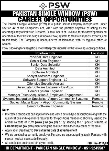 PAKISTAN CUSTOMS, FEDERAL BOARD OF REVENUE | PAKISTAN SINGLE WINDOW (PSW), CAREER POSITIONS 12-2024