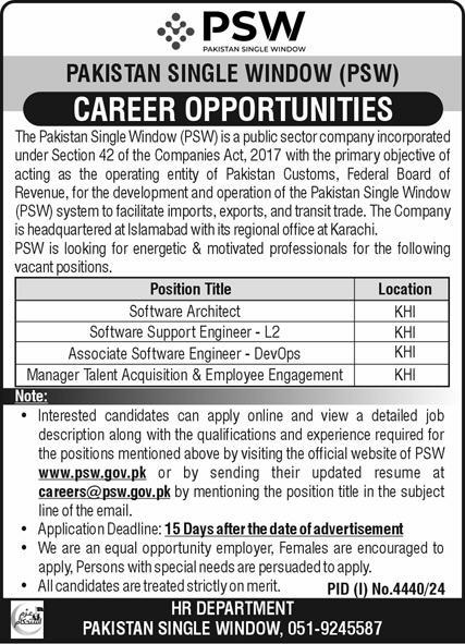 PAKISTAN CUSTOMS, FEDERAL BOARD OF REVENUE | PAKISTAN SINGLE WINDOW (PSW), CAREER POSITIONS 01-2025