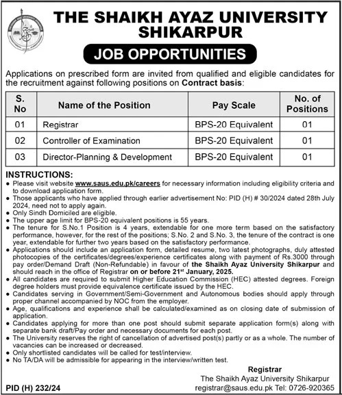 THE SHAIKH AYAZ UNIVERSITY, SHIKARPUR | ADMINISTRATION POSITIONS VACANT 01-2025