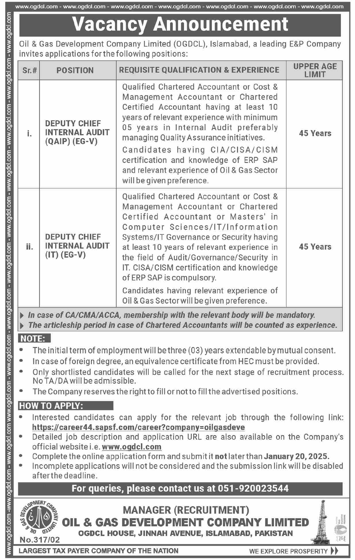OIL & GAS DEVELOPMENT COMPANY LIMITED | DEPUTY CHIEF INTERNAL AUDIT, OGDCL POSITIONS 01-2025