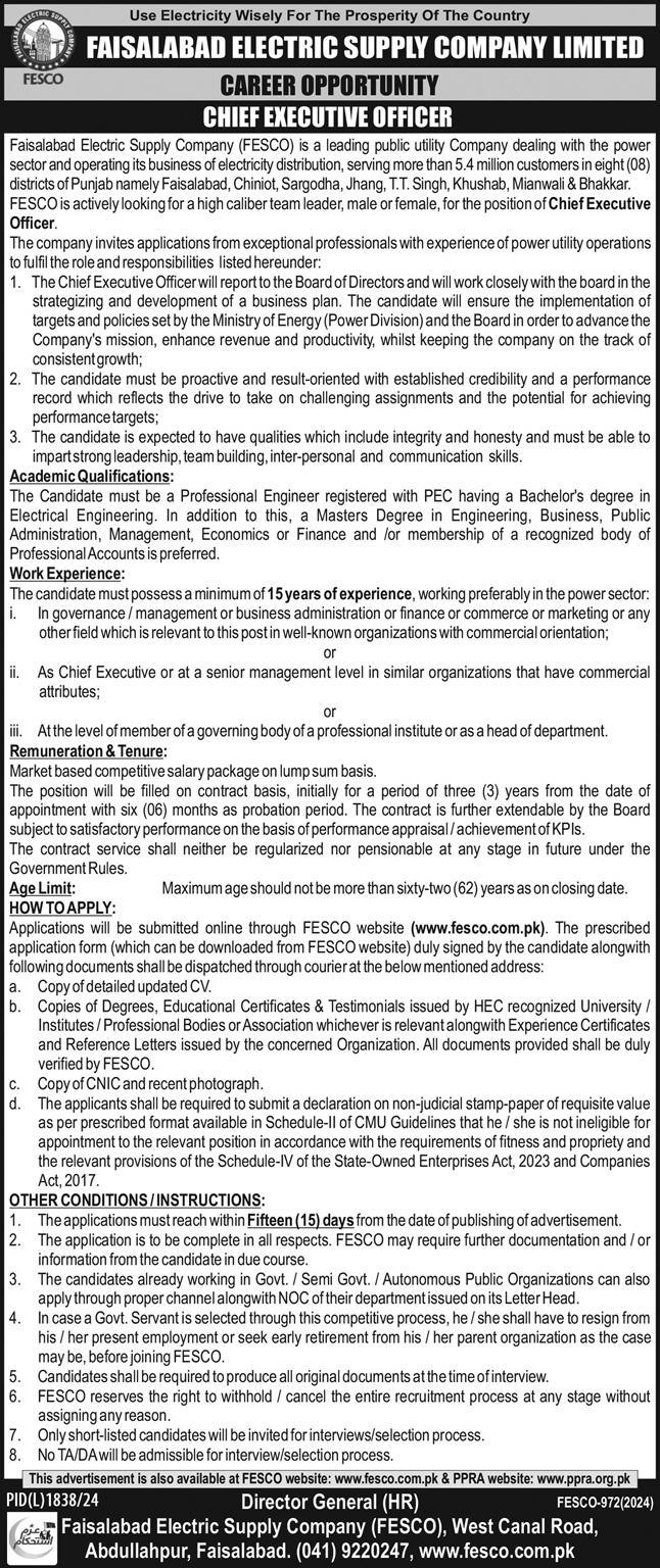 FAISALABAD ELECTRIC SUPPLY COMPANY LIMITED | CEO FESCO APPOINTMENT 01-2025