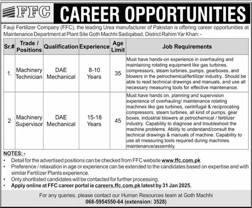 FAUJI FERTILIZER COMPANYLIMITED | FFC MAINTENANCE DEPTT VACANCIES 01-2025