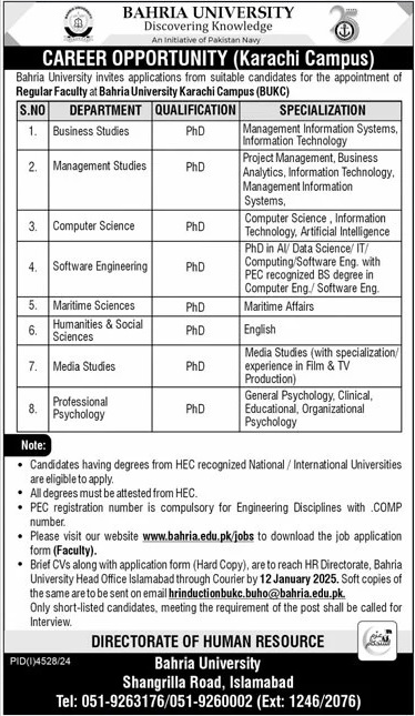 BAHRIA UNIVERSITY KARACHI CAMPUS | BUKC, REGULAR FACULTY REQUIRED 01-2025