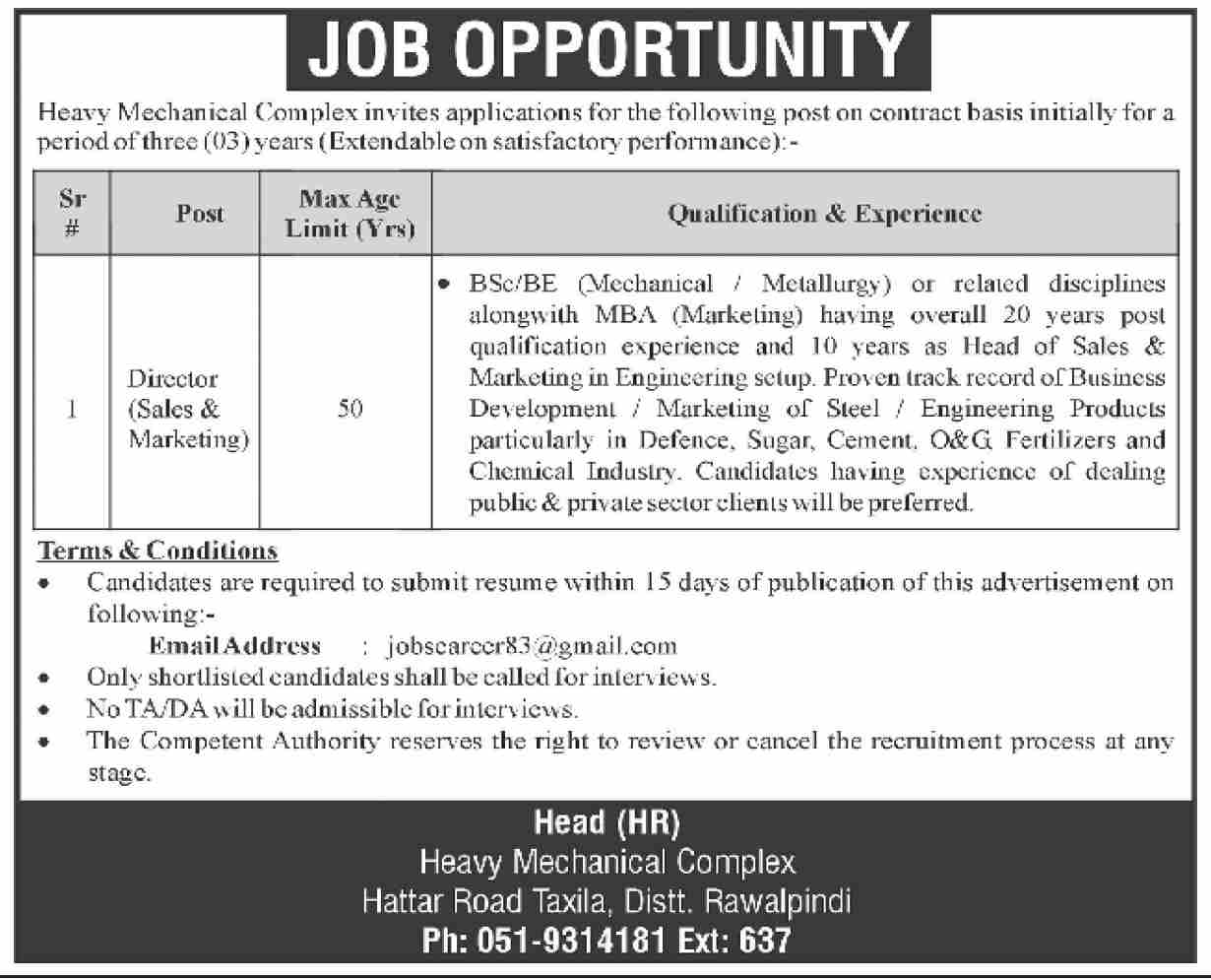 HEAVY MECHANICAL COMPLEX, TAXILA | DIRECTOR SALES & MARKETING HMC POSITION 12-2024