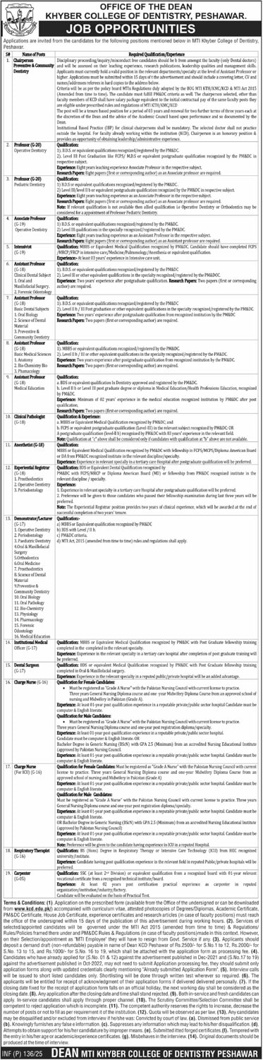 KHYBER COLLEGE OF DENTISTRY, PESHAWAR | MTI KCD-PESHAWAR FACULTY & CLINICAL STAFF VACANCIES 01-2025
