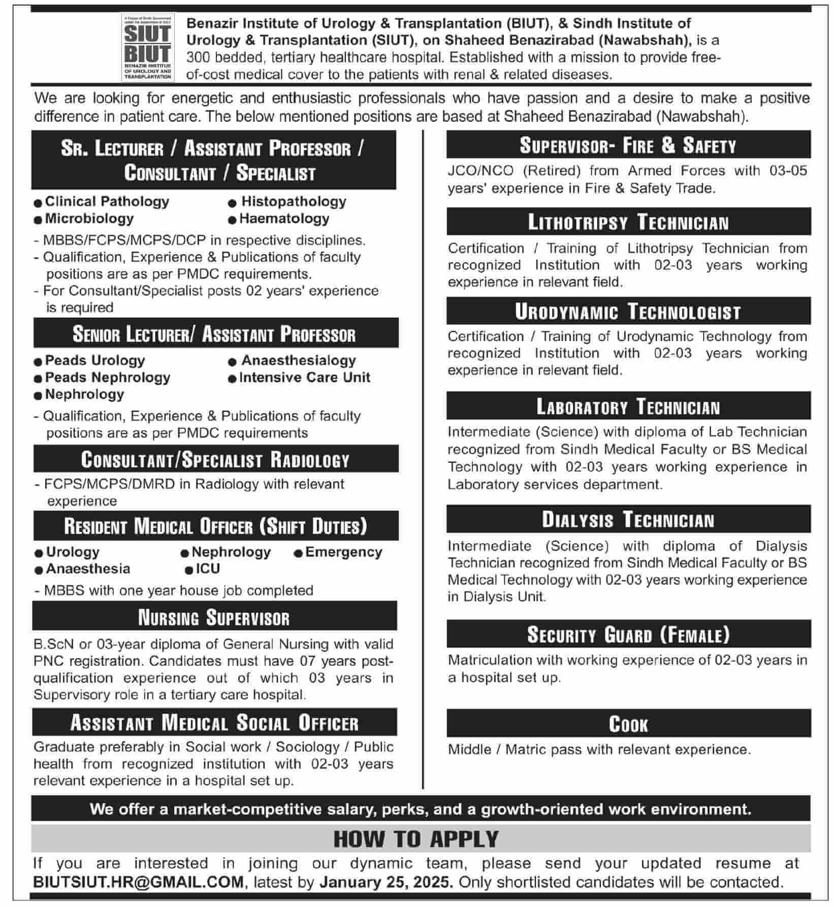 MEDICAL TEACHING FACULTY & CLINICAL STAFF VACANCIES IN BENAZIR INSTITUTE OF UROLOGY & TRANSPLANTATION (BIUT) & SINDH INSTITUTE OF UROLOGY & TRANSPLANTATION (SIUT) HEALTHCARE HOSPITAL SHAHEED BENAZIRABAD 01-2025