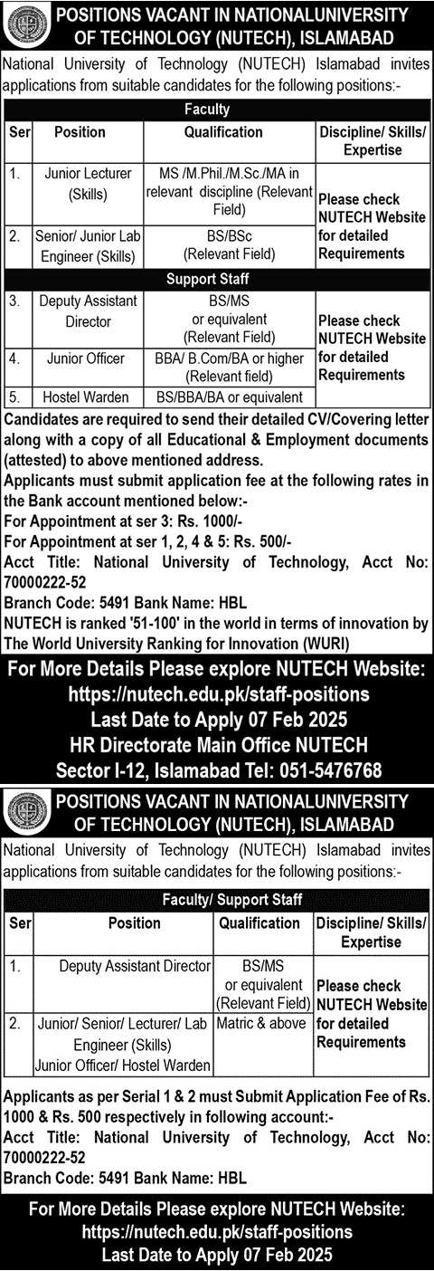 NATIONAL UNIVERSITY OF TECHNOLOGY, ISLAMABAD | NUTECH FACULTY & SUPPORT STAFF POSITIONS VACANT 01-2025