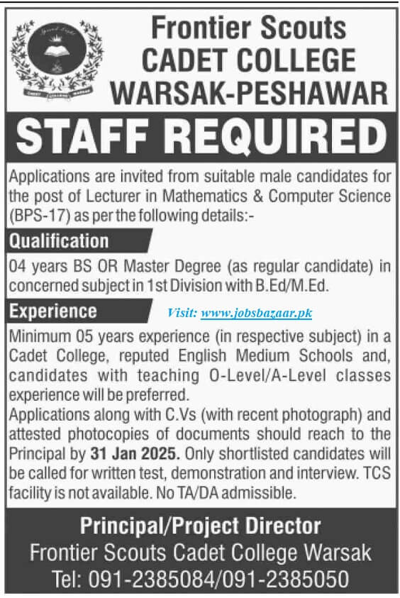 FRONTIER SCOUTS CADET COLLEGE, WARSAK-PESHAWAR | FRONTIER SCOUTS LECTURERS VACANCIES 01-2025