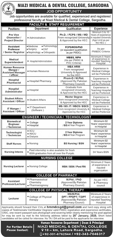 NIAZI MEDICAL & DENTAL COLLEGE SARGODHA | TEACHING FACULTY, NURSING & PARAMEDICAL STAFF VACANCIES 01-2025