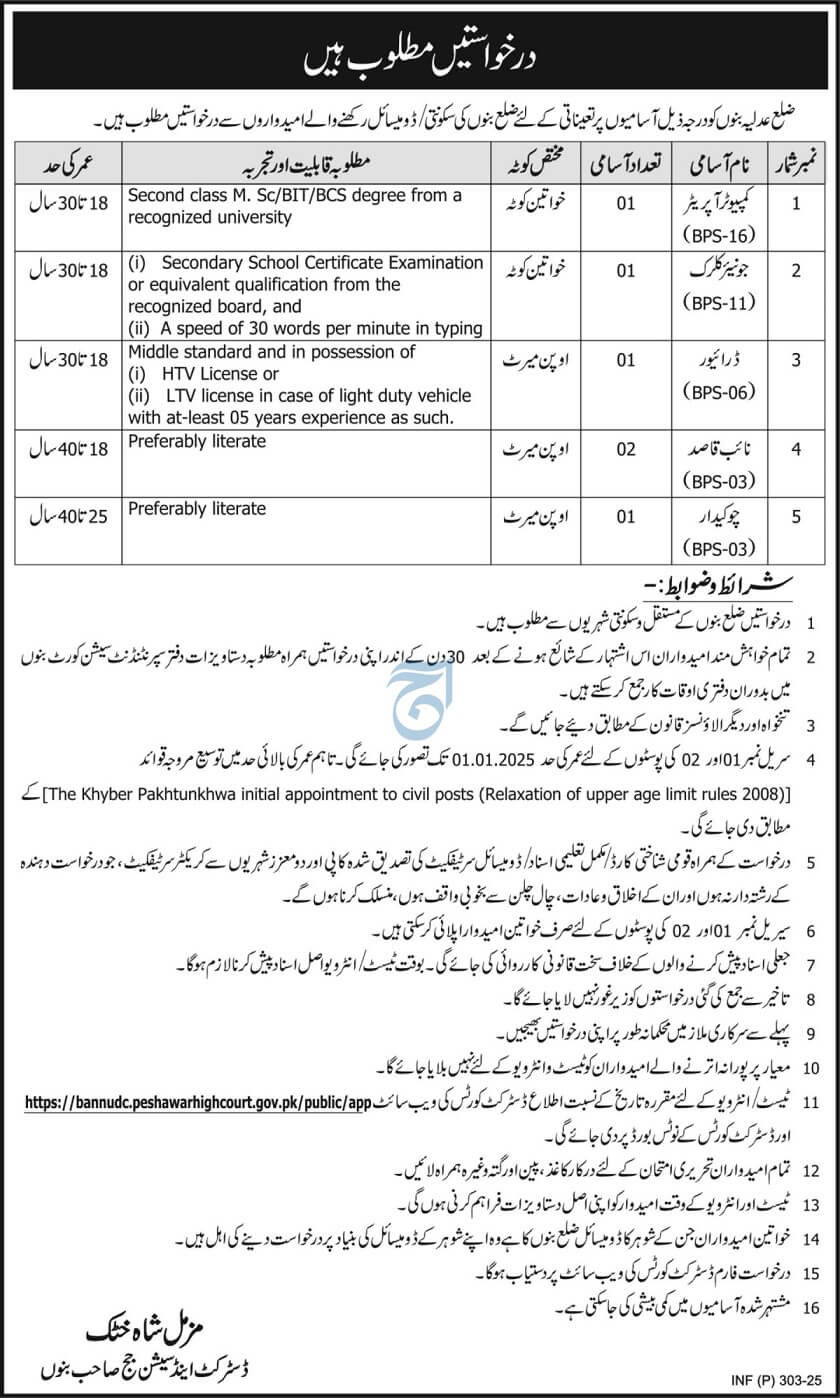 DISTRICT & SESSIONS COURTS, BANNU | DISTRICT JUDICIARY STAFF ADVERTISEMENT 01-2025