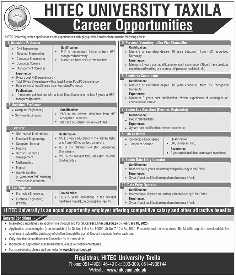 HITEC UNIVERSITY TAXILA | TEACHING FACULTY & LAB STAFF VACANCIES 01-2025