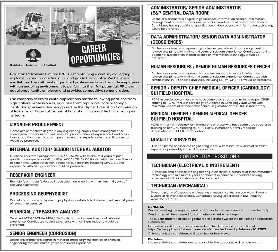 PAKISTAN PETROLEUM LIMITED | PPL MULTIPLE VACANCIES 01-2025