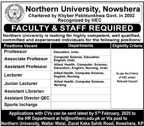 NORTHERN UNIVERSITY, NOWSHERA | FACULTY & STAFF REQUIRED 01-2025