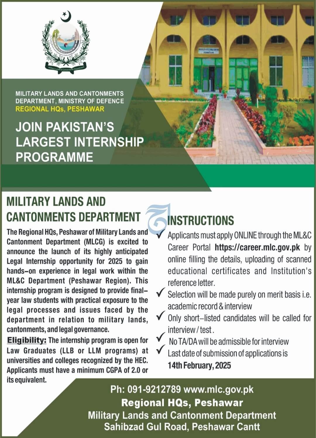 MILITARY LANDS & CANTONMENT DEPTT, MINISTRY OF DEFENCE | JOIN MLC INTERNSHIP PROGRAMME AT RHQ PESHAWAR, MLC CAREERS 01-2025