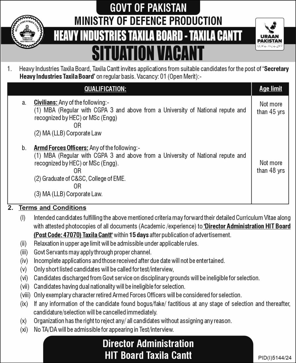 HEAVY INDUSTRIES TAXILA, M/O DEFENCE PRODUCTION | SECRETARY HIT BOARD VACANT POSITION 01-2025