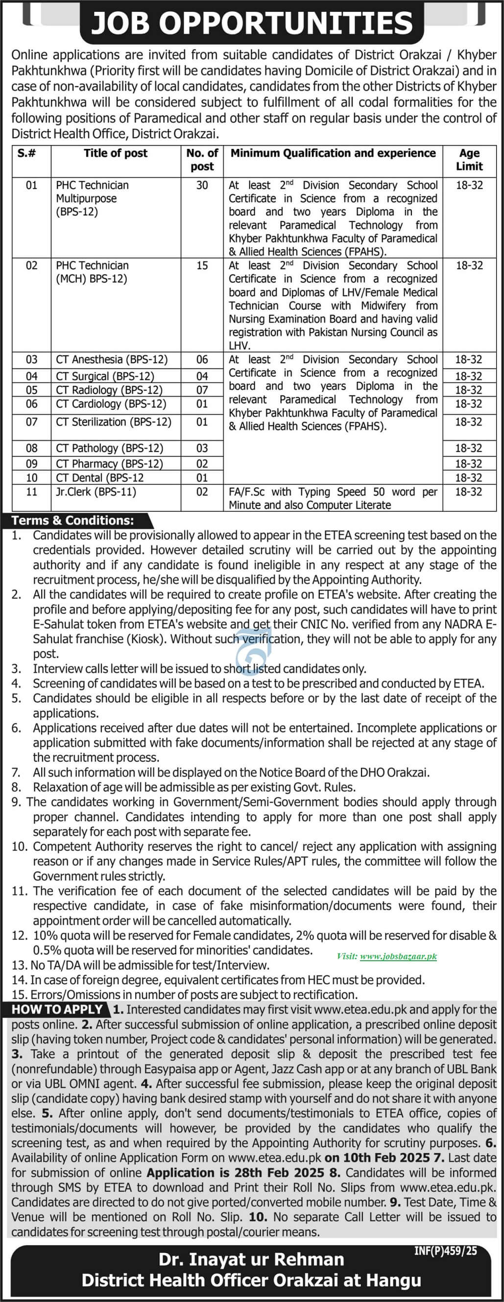 HEALTH DEPARTMENT KHYBER PAKHTUNKHWA | MEDICAL TECHNICIANS & STAFF VACANCIES UNDER DHO ORAKZAI 02-2025