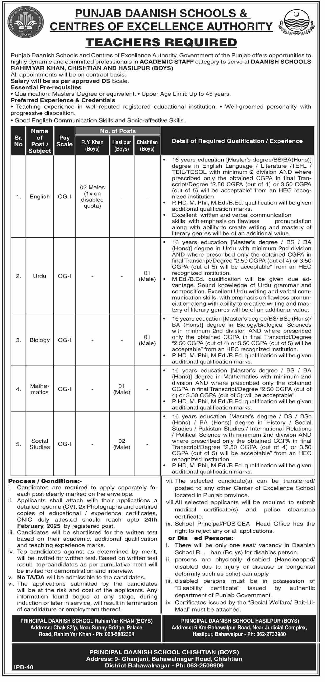 PUNJAB DAANISH SCHOOLS & CENTER OF EXCELLENCE AUTHORITY | CENTER OF EXCELLENCE BOYS RAHIM YAR KHAN, CHISHTIAN & HASILPUR, TEACHING STAFF REQUIRED 02-2025