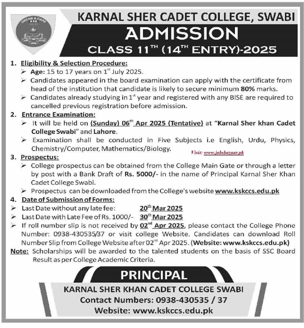 KARNAL SHER KHAN CADET COLLEGE SWABI ADMISSION CLASS 11TH (14th ENTRY) - 2025