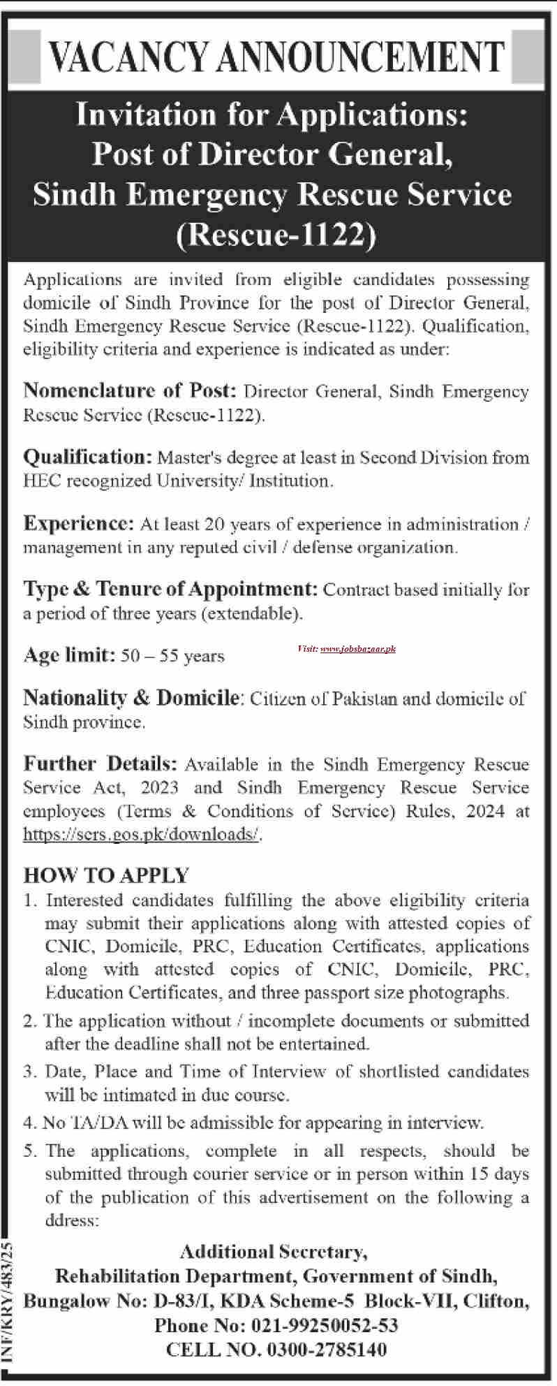 REHABILITATION DEPARTMENT, SINDH | DG SINDH EMERGENCY RESCUE SERVICES 1122 POSITION 02-2025