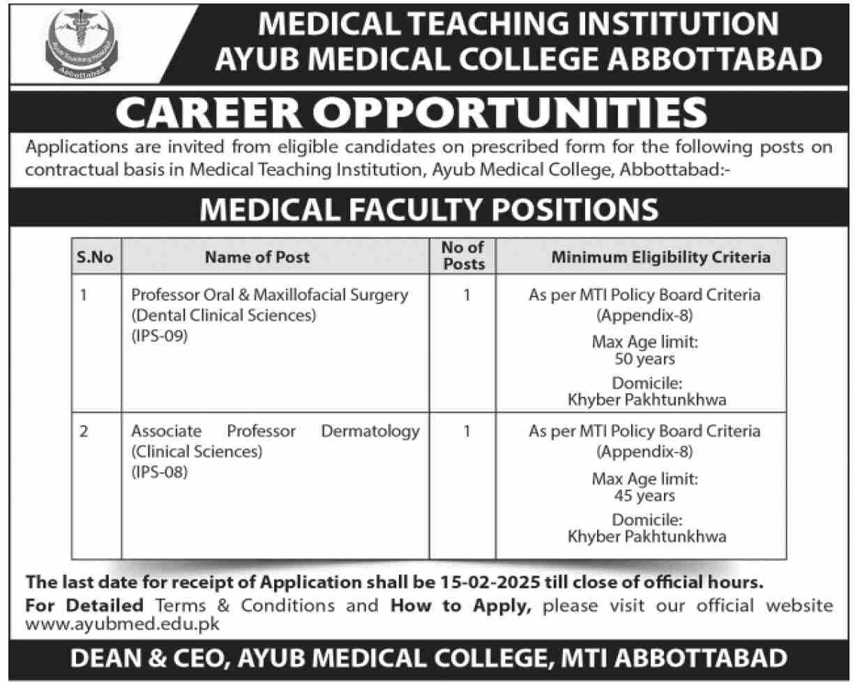 AYUB MEDICAL COLLEGE, MTI ABBOTTABAD | AMC ABBOTTABAD MEDICAL FACULTY POSITIONS 02-2025