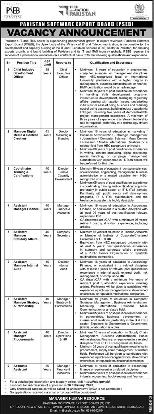 PAKISTAN SOFTWARE EXPORT BOARD | CHIEF & MANAGERIAL PSEB POSITIONS VACANT 02-2025