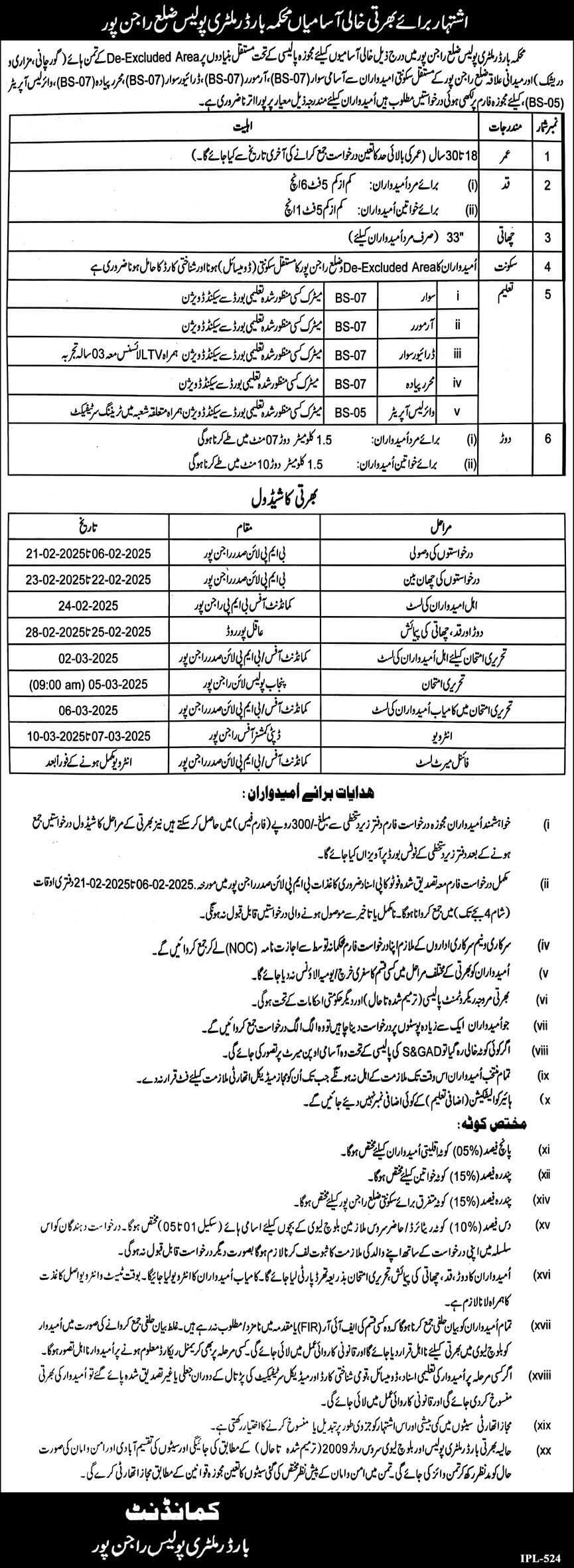 JOIN BORDER MILITARY POLICE RAJANPUR, ADVERTISEMENT 02-2025