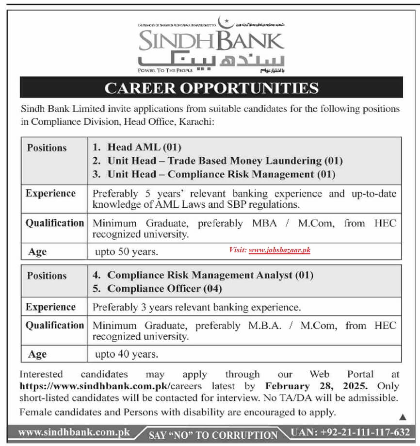 SINDH BANK LIMITED | HEAD/UNIT HEADS & COMPLAINCE POSITIONS VACANT 02-2025