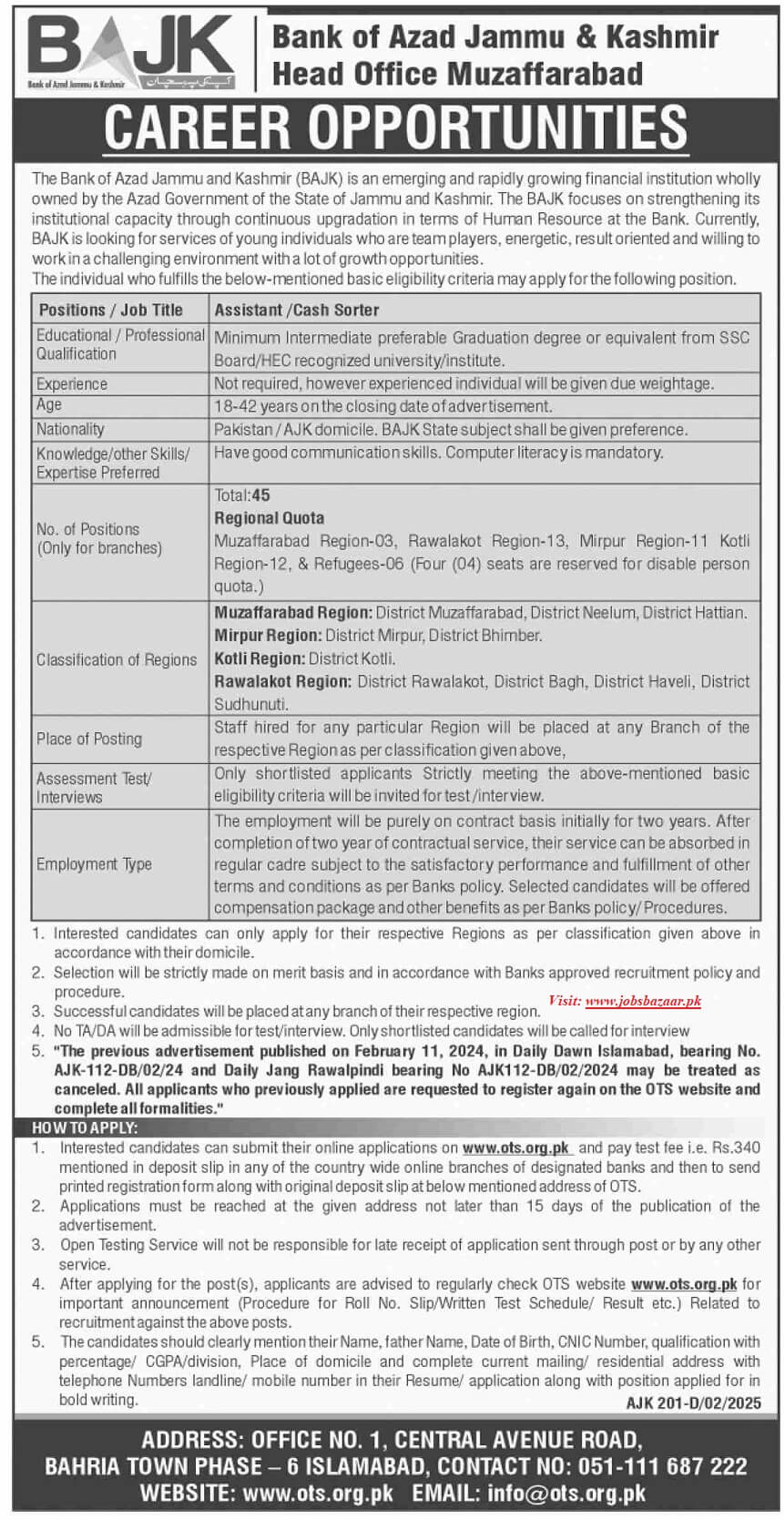 BANK OF AZAD JAMMU & KASHMIR | APPOINTMENT OF ASSISTANT/CASH SORTER BAJK 02-2025