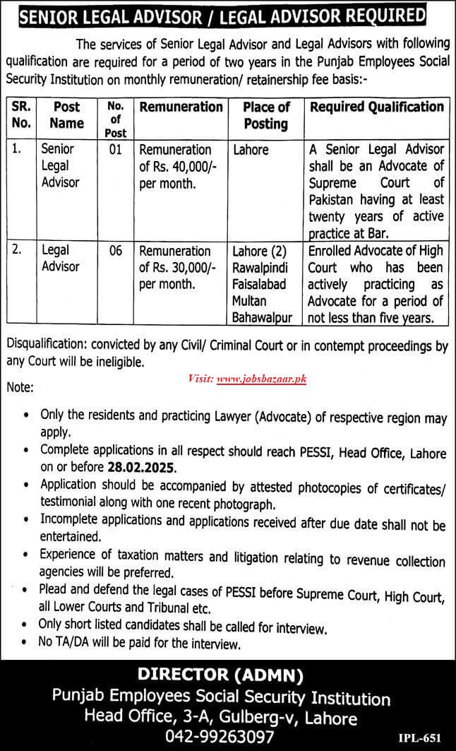 PUNJAB EMPLOYEES SOCIAL SECURITY INSTITUTION | LEGAL ADVISORS REQUIRED AT ESSI PUNJAB 02-2025