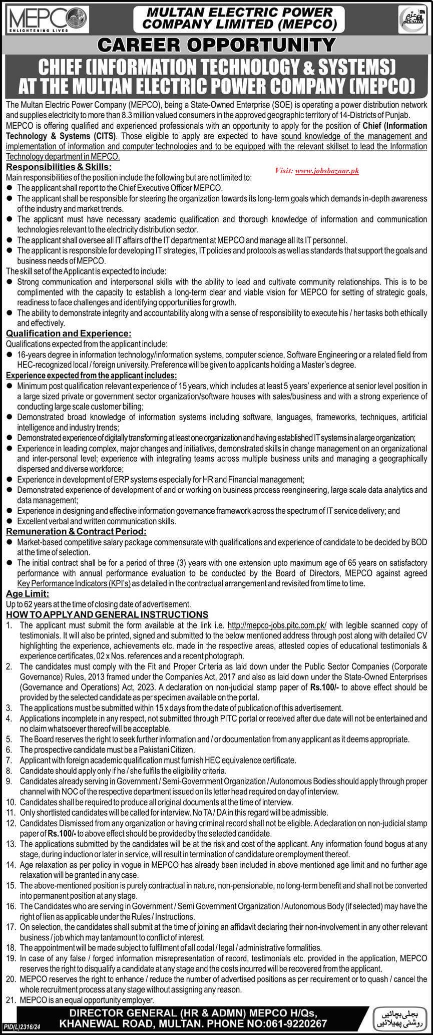 MULTAN ELECTRIC POWER COMPANY LIMITED | MEPCO CHIEF INFORMATION TECHNOLOGY & SYSTEMS CITS POSITION 02-2025