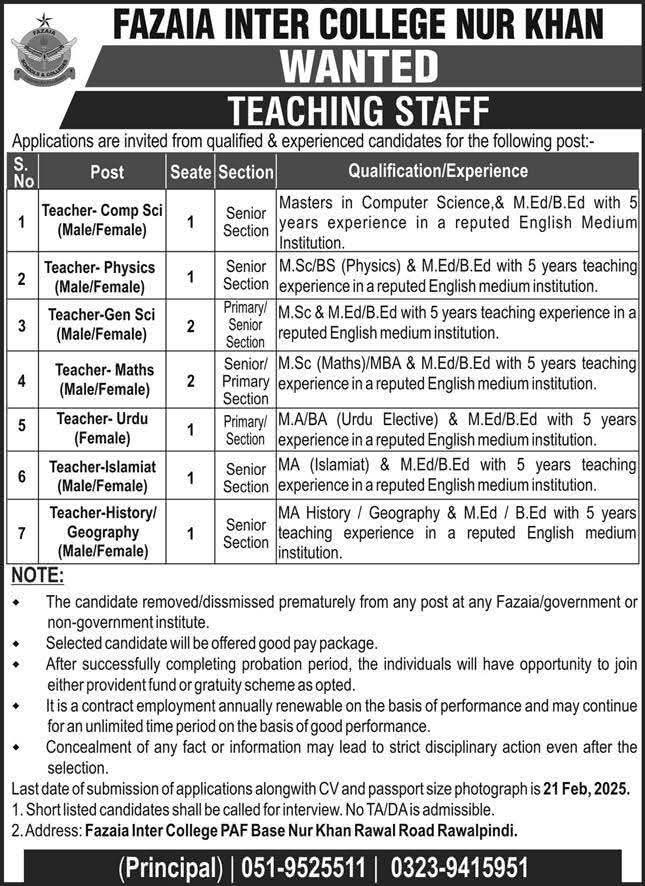 FAZAIA INTER COLLEGE, NURKHAN, RAWALPINDI | TEACHING STAFF REQUIRED 02-2025